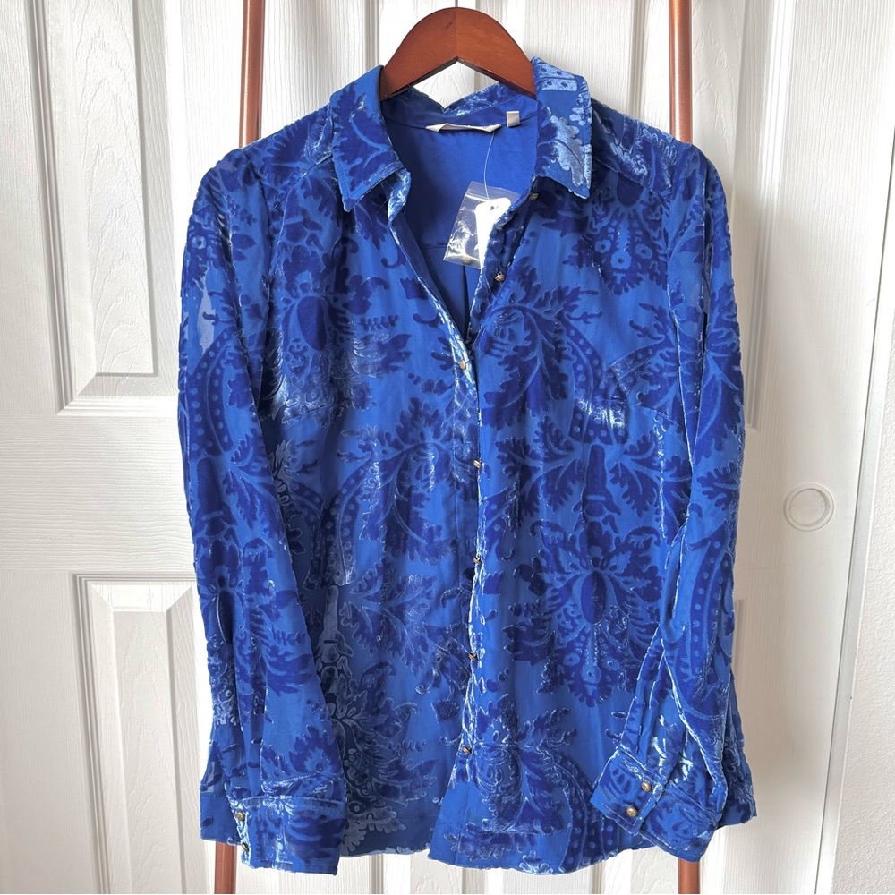 🫐 NWT Sapphire Blue Floreat Velvet Blouse Size S 🫐